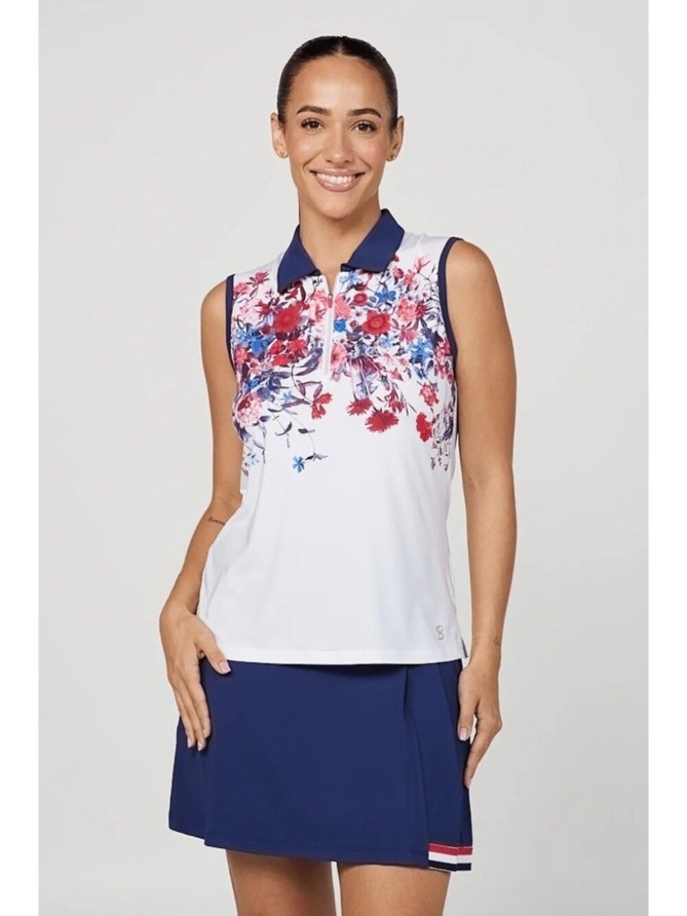NEW Sofibella LARGE Sleeveless Polo Golf Shirt 1/4 Zip - WildFlowers White Navy